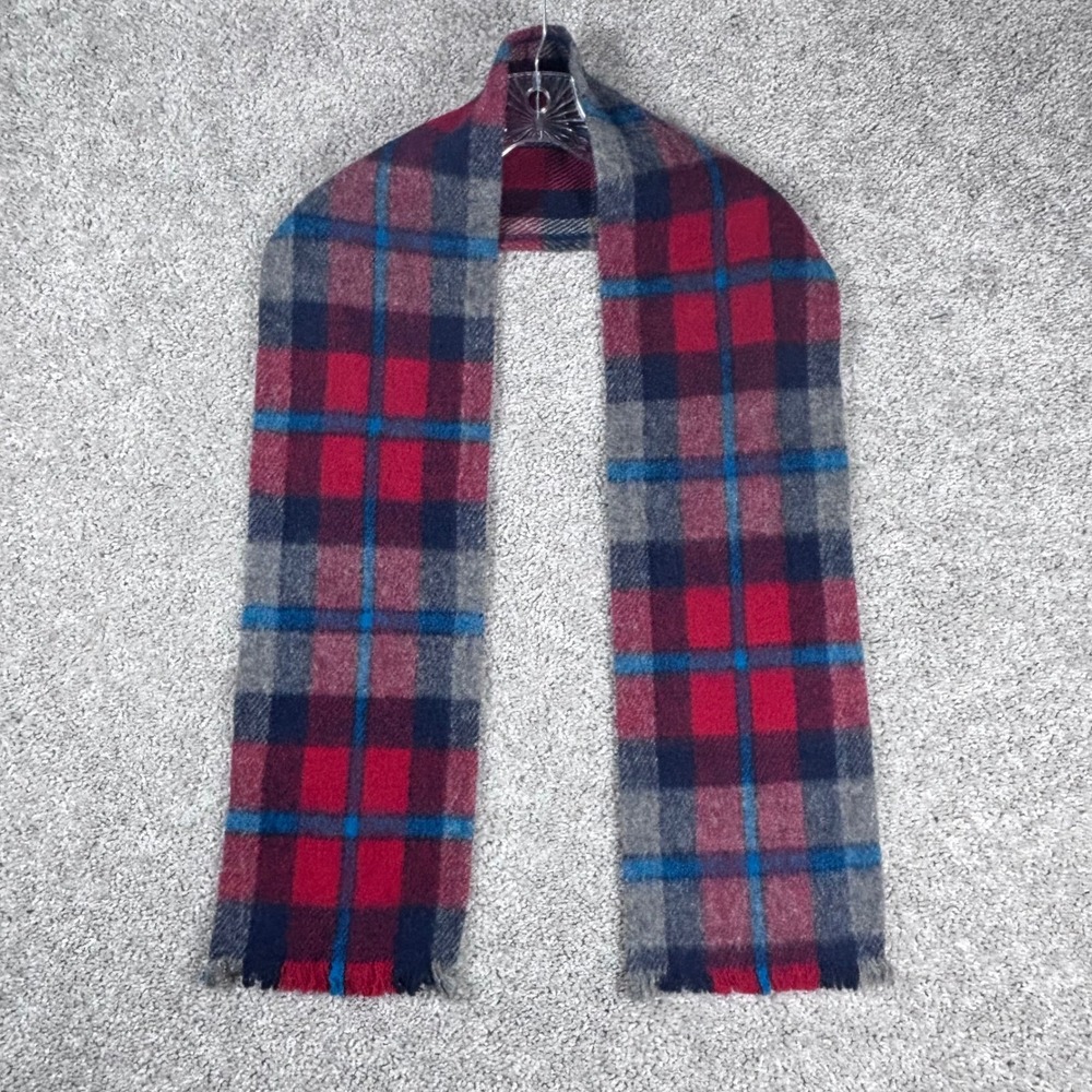 Red Plaid Scarf Wool Blend‎ Blue Gray Tartan Fringe Winter Warm Neck Wrap
